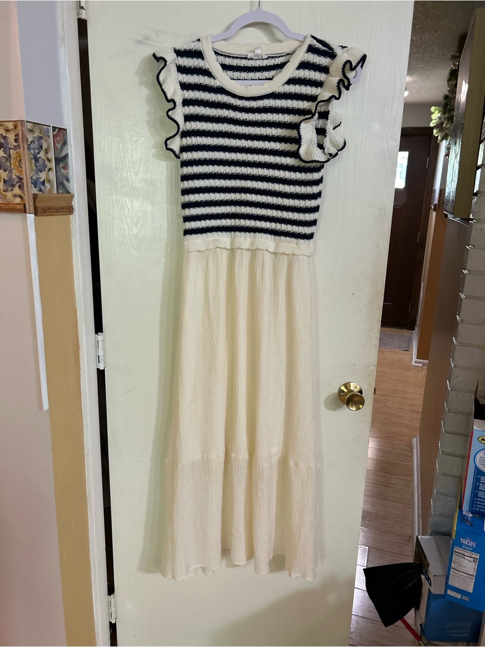 Women’s Cream and Navy Maxi Dress  – Lightweight Tiered Midi Skirt